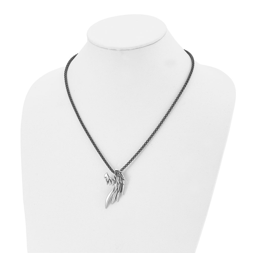 Chisel Stainless Steel Antiqued and Polished Wing Slide on a Black IP-plated 20 inch Box Chain Necklace