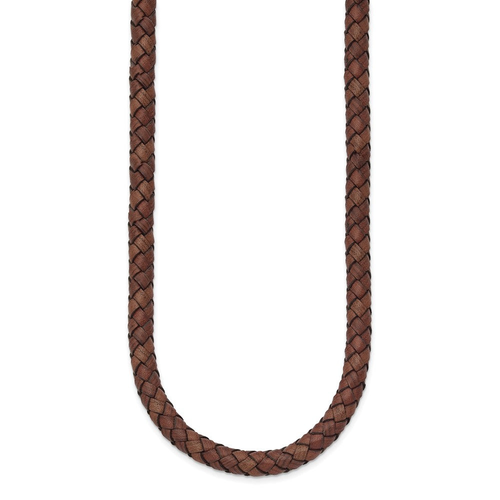 Chisel Stainless Steel Polished Woven Brown Leather 19.5 inch Necklace