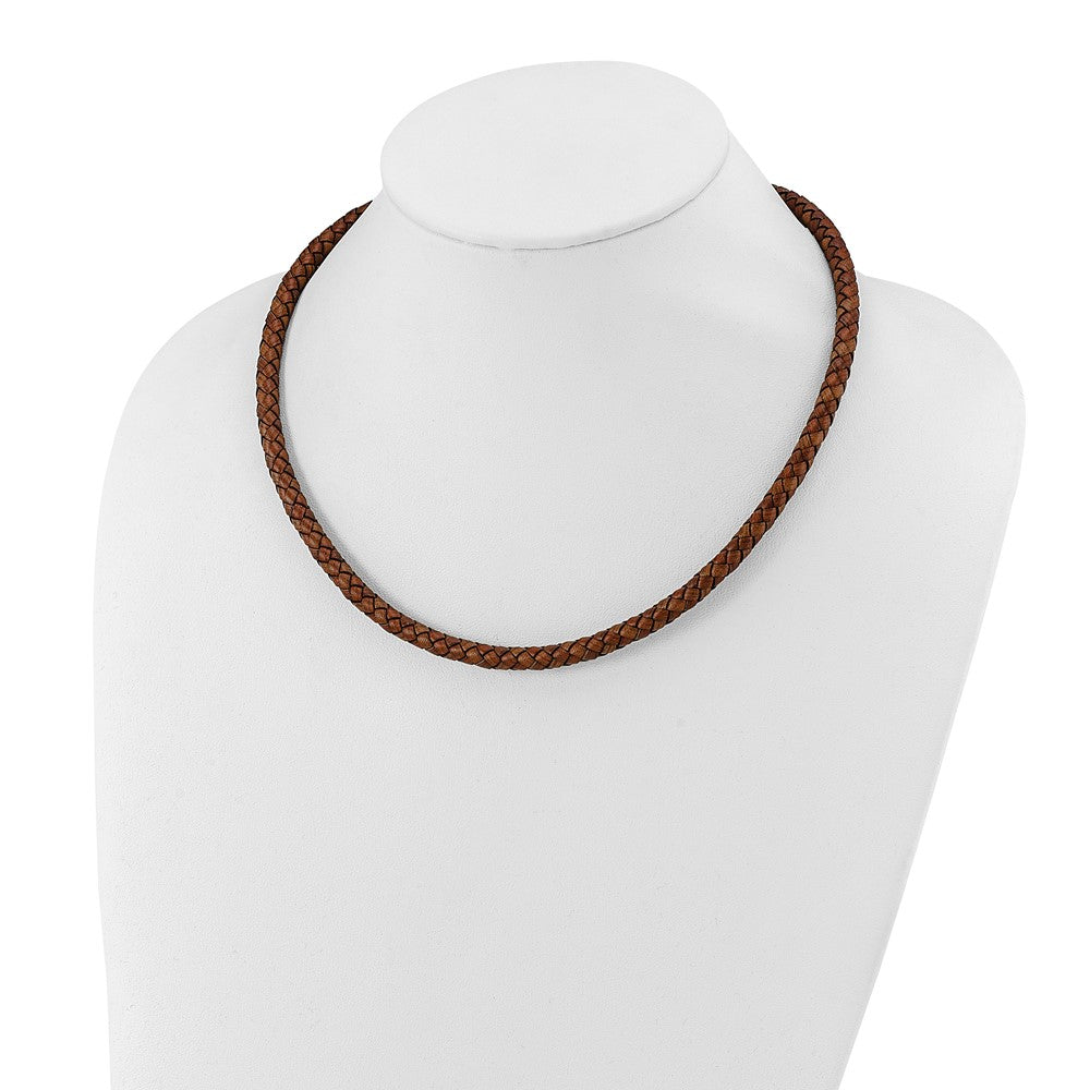 Chisel Stainless Steel Polished Woven Brown Leather 19.5 inch Necklace