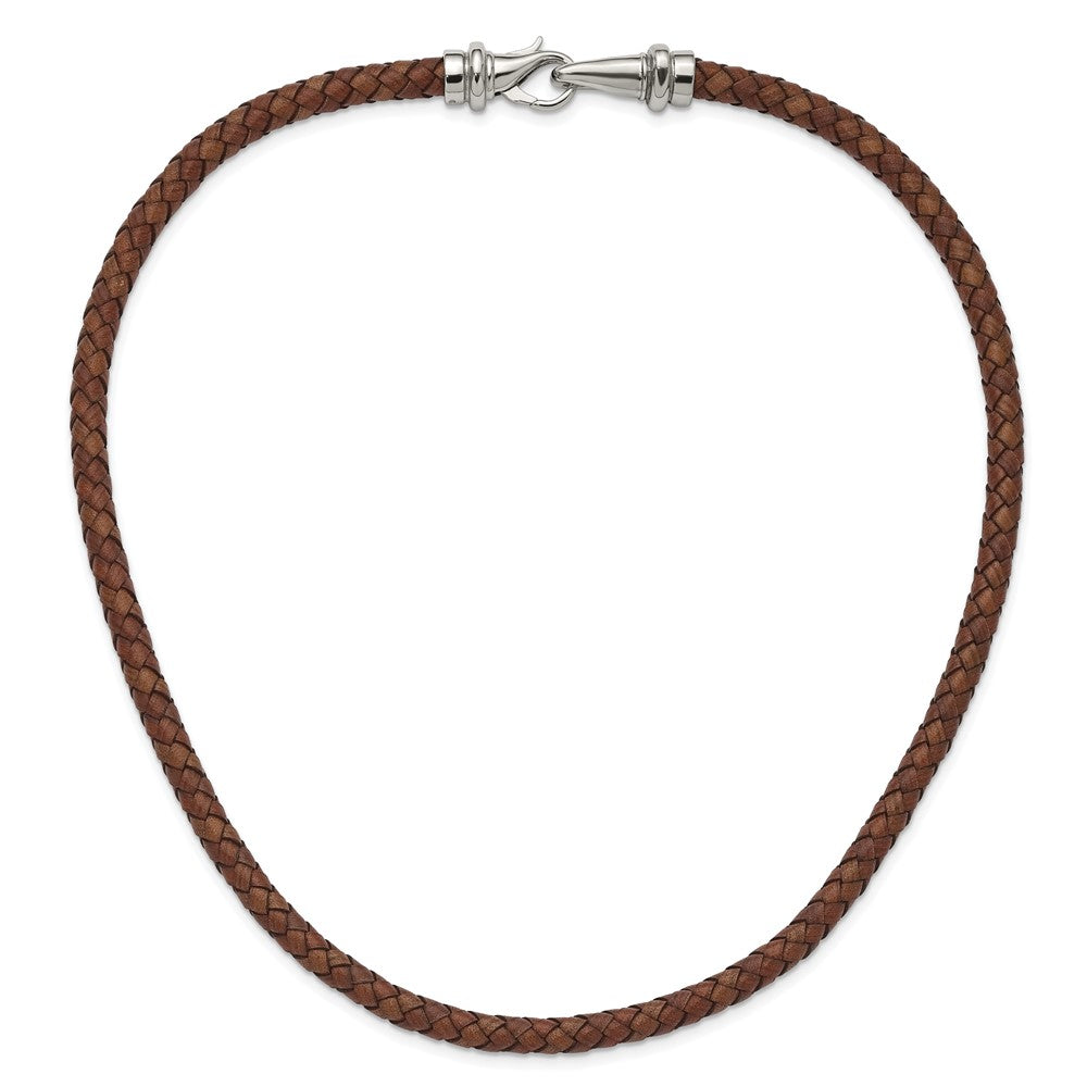 Chisel Stainless Steel Polished Woven Brown Leather 19.5 inch Necklace