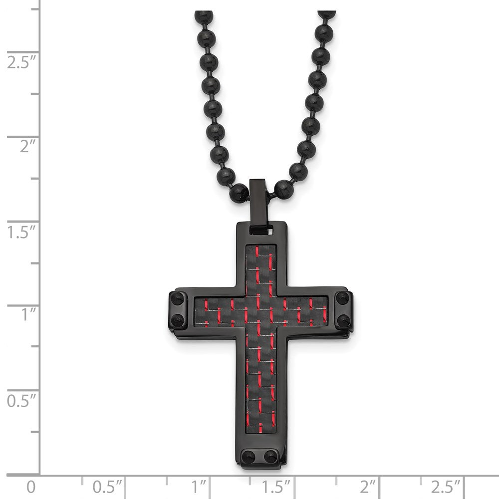 Chisel Stainless Steel Polished Black IP-plated with Black and Red Carbon Fiber Inlay Cross Pendant on a 22 inch Ball Chain Necklace