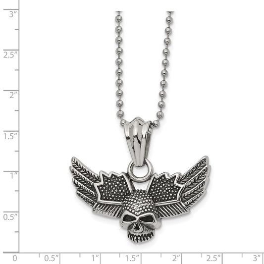 Chisel Stainless Steel Antiqued and Polished Skull with Wings Pendant on a 22 inch Ball Chain Necklace
