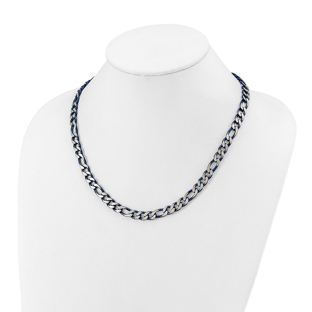 Chisel Stainless Steel Brushed and Polished Blue IP-plated 7.5mm 20 inch Figaro Chain Necklace