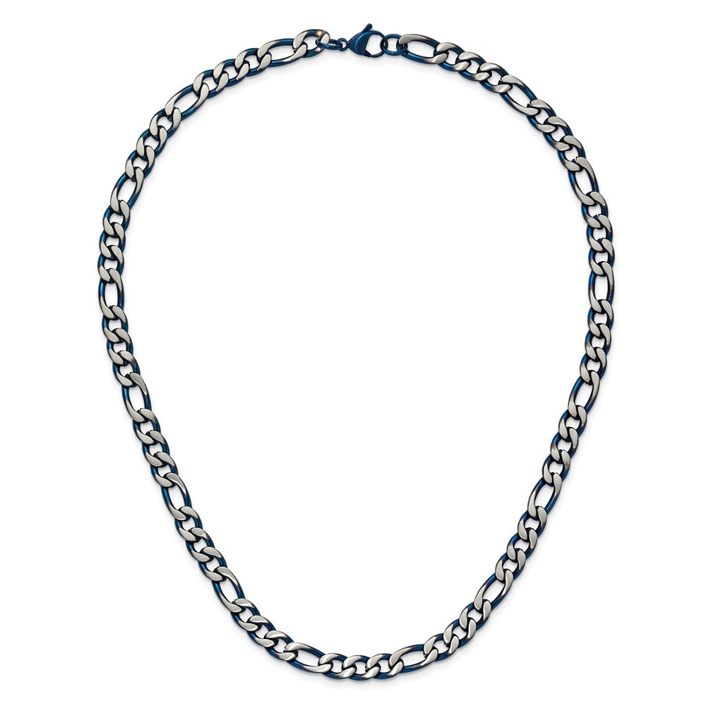 Chisel Stainless Steel Brushed and Polished Blue IP-plated 7.5mm 20 inch Figaro Chain Necklace