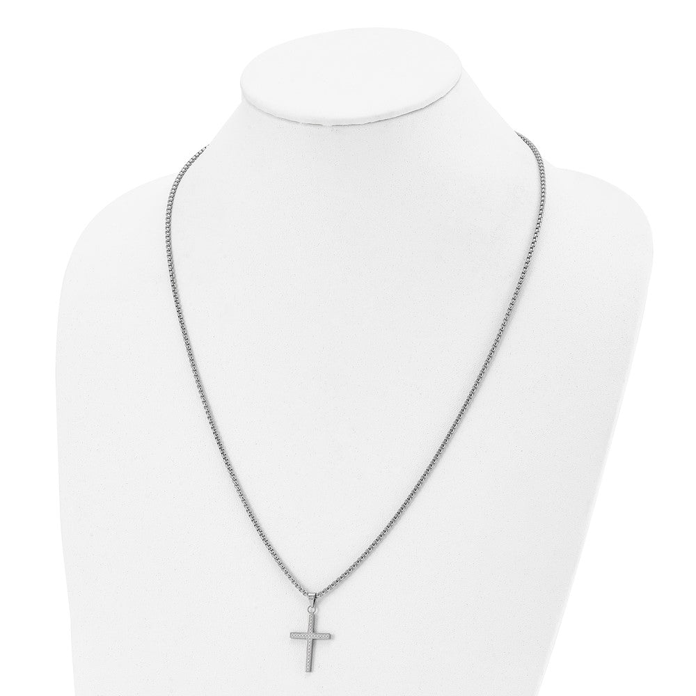 Chisel Stainless Steel Polished and Textured Cross Pendant on a 24 inch Box Chain Necklace