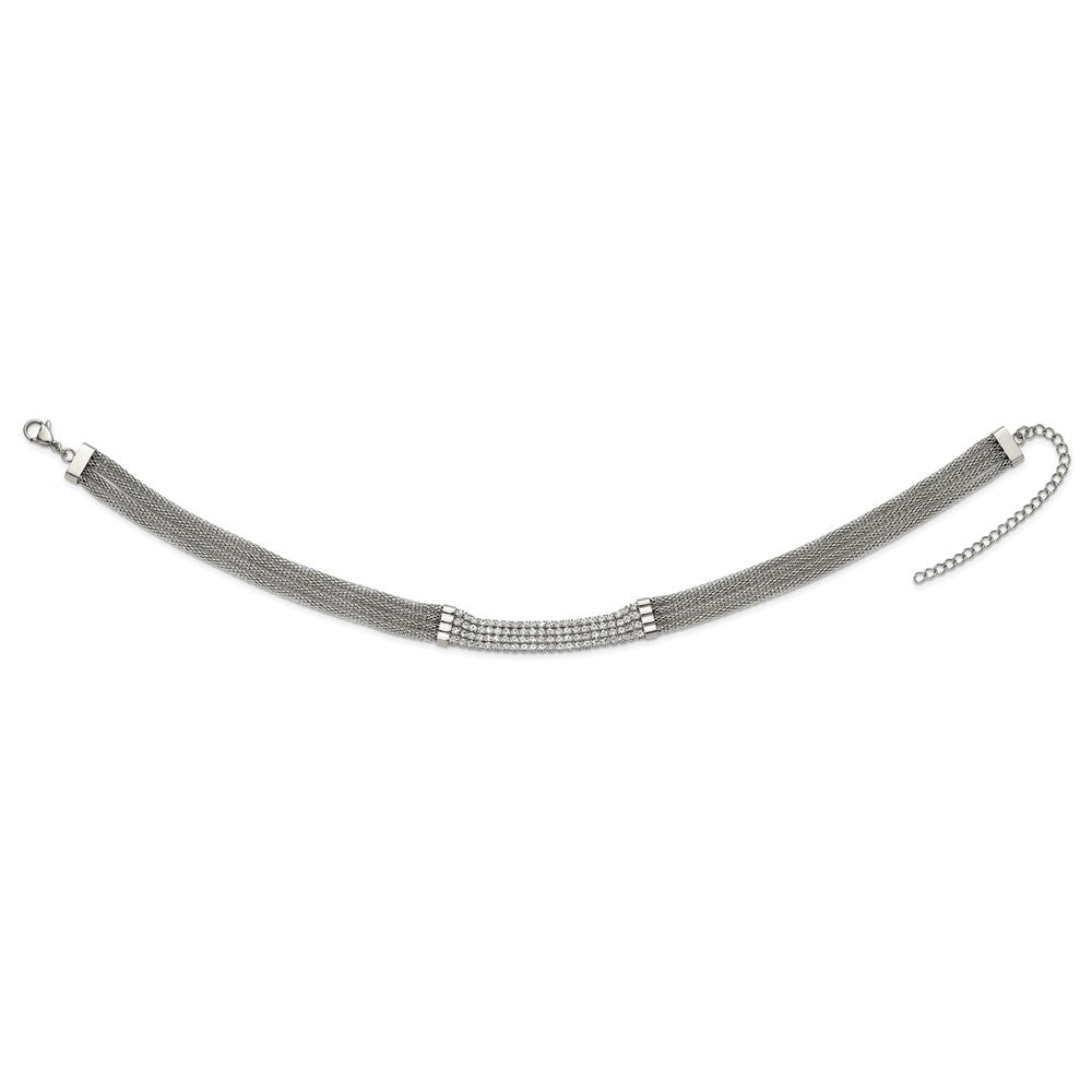 Chisel Stainless Steel Polished with CZ Multi Strand 11.75 inch with a 2.75 inch Extension Choker Necklace