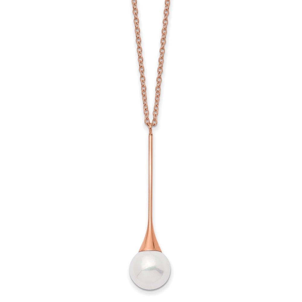 Chisel Stainless Steel Polished Rose IP-plated Imitation Pearl Pendant on a 15.75 inch with a 1 inch Extension Necklace