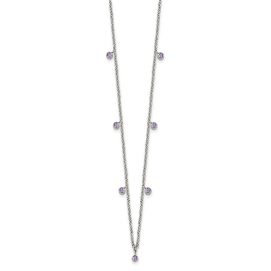 Stainless Steel Polished Purple Crystal 17.5in w/2in ext Necklace