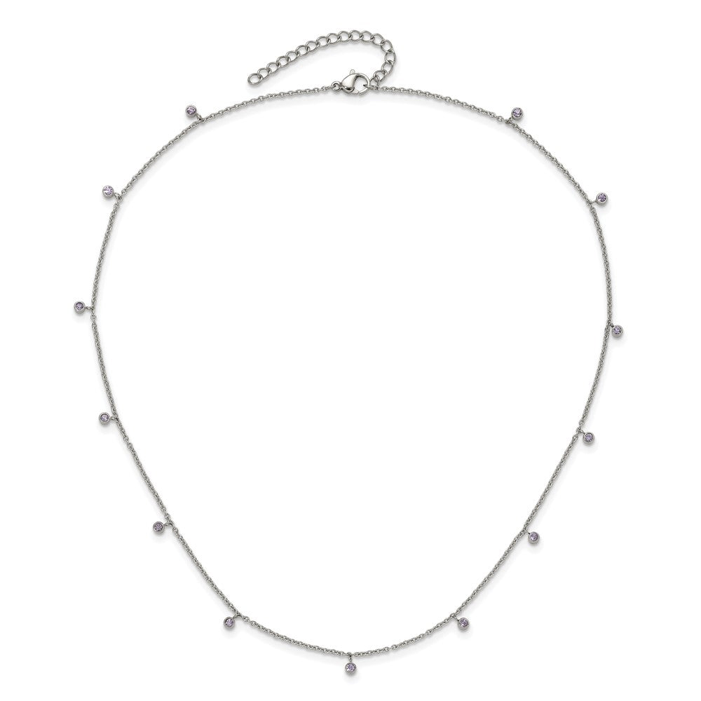 Stainless Steel Polished Purple Crystal 17.5in w/2in ext Necklace