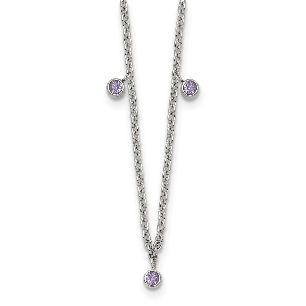 Stainless Steel Polished Purple Crystal 17.5in w/2in ext Necklace