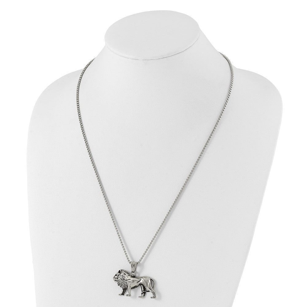 Chisel Stainless Steel Antiqued and Polished Lion Pendant on a 25.5 inch Box Chain Necklace