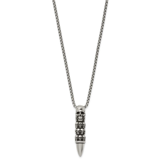 Chisel Stainless Steel Antiqued and Polished Bullet with Skulls Pendant on a 25.5 inch Box Chain Necklace