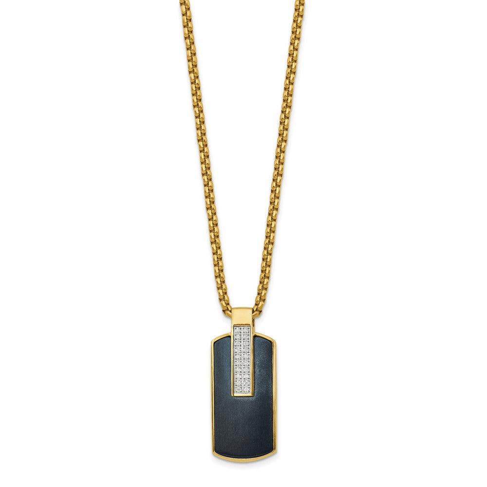 Chisel Stainless Steel Polished Black and Yellow IP-plated with CZ Dog Tag on a 24 inch Box Chain Necklace