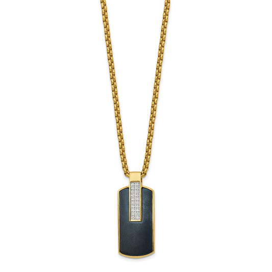 Chisel Stainless Steel Polished Black and Yellow IP-plated with CZ Dog Tag on a 24 inch Box Chain Necklace
