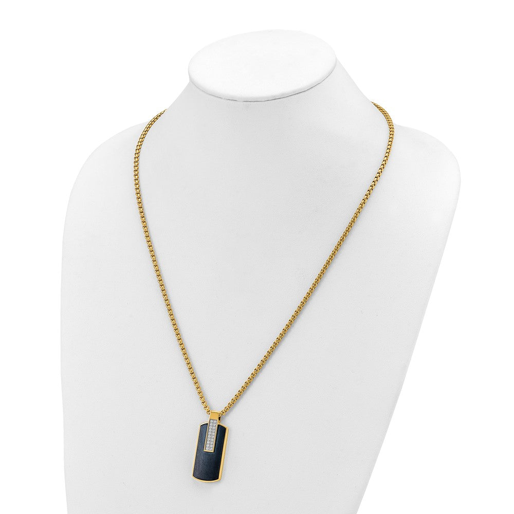 Chisel Stainless Steel Polished Black and Yellow IP-plated with CZ Dog Tag on a 24 inch Box Chain Necklace