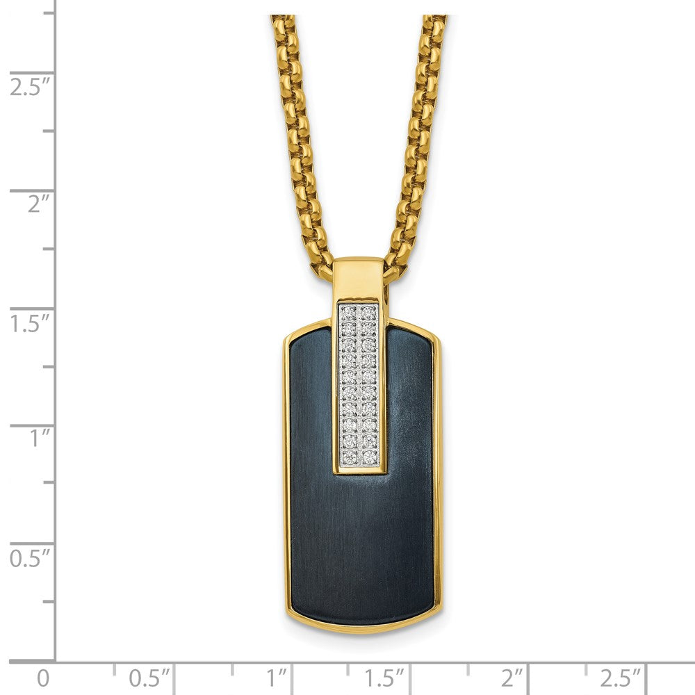 Chisel Stainless Steel Polished Black and Yellow IP-plated with CZ Dog Tag on a 24 inch Box Chain Necklace