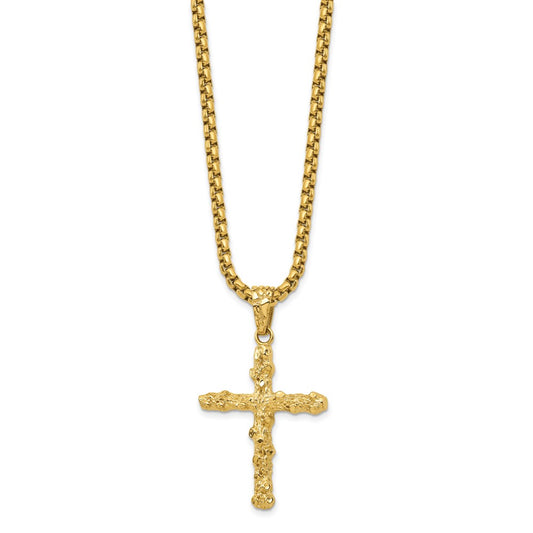 Chisel Stainless Steel Polished and Textured Yellow IP-plated Nugget Cross Pendant on a 22 inch Box Chain Necklace