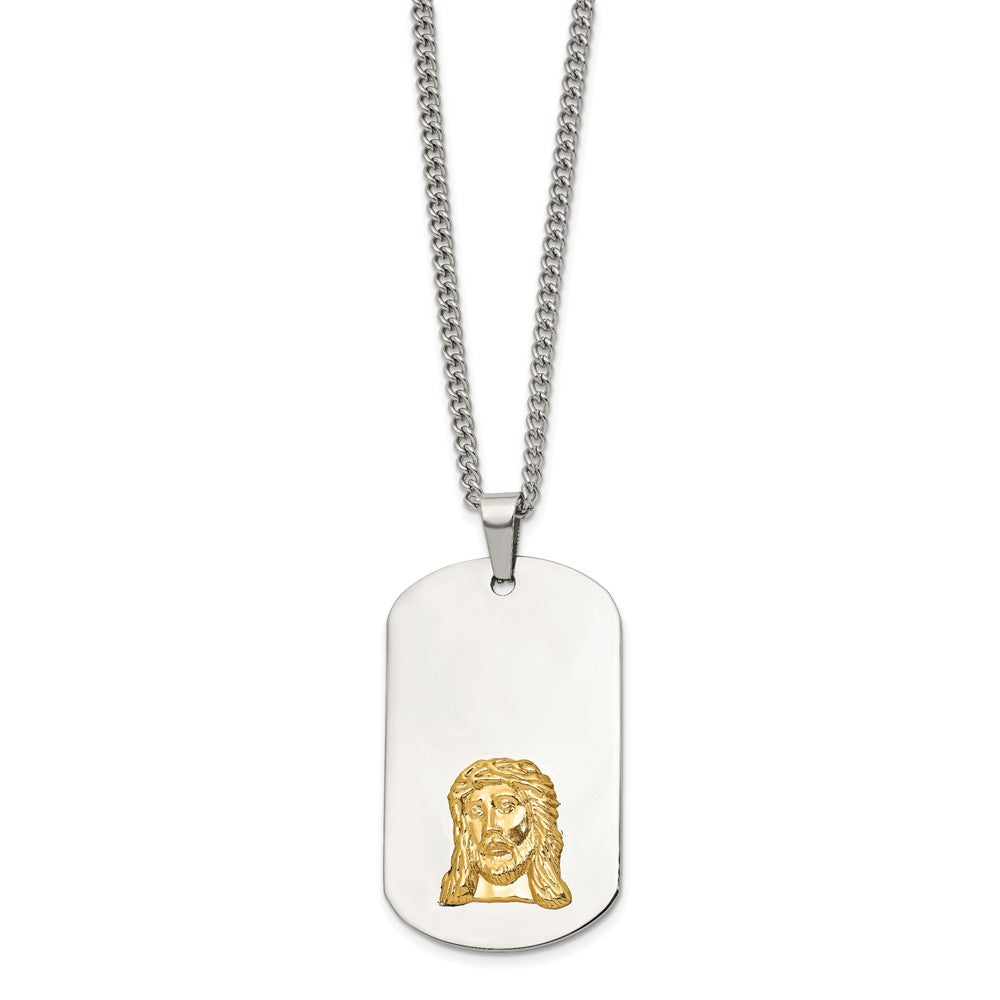 Chisel Stainless Steel Polished with 10K Gold Accent Jesus Face Dog Tag on a 24 inch Curb Chain Necklace