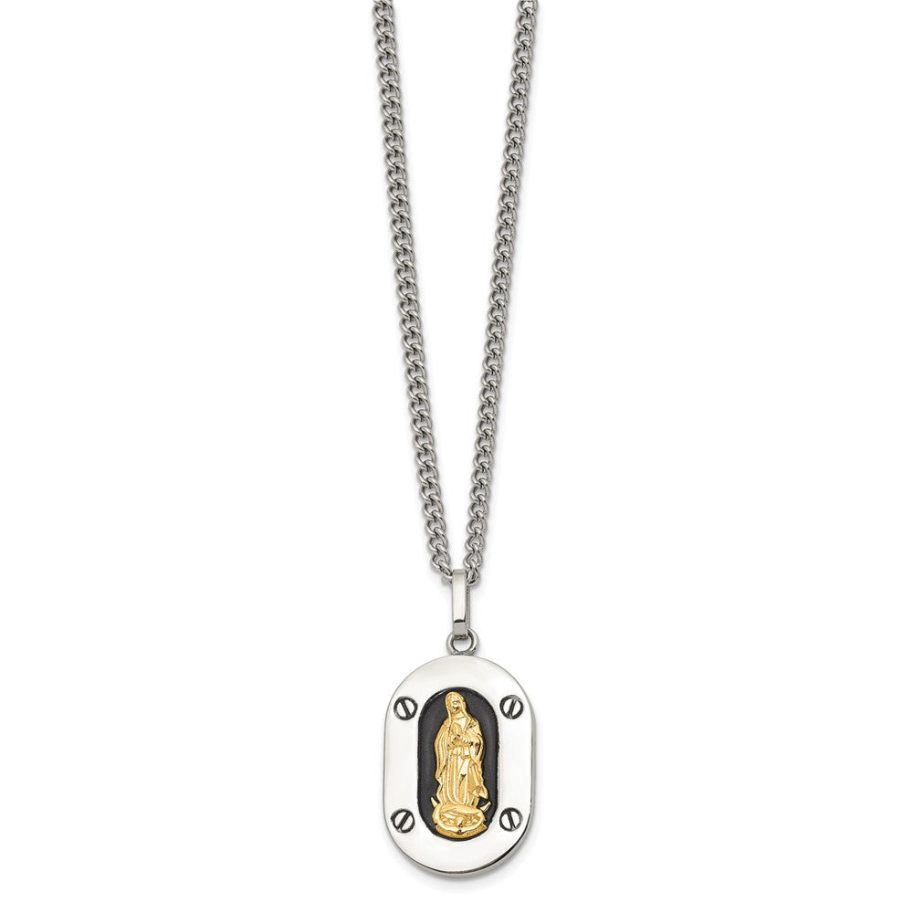 Chisel Stainless Steel Polished with 10K Gold Accent Our Lady of Guadalupe with Black Enamel Pendant on a 24 inch Cable Chain Necklace