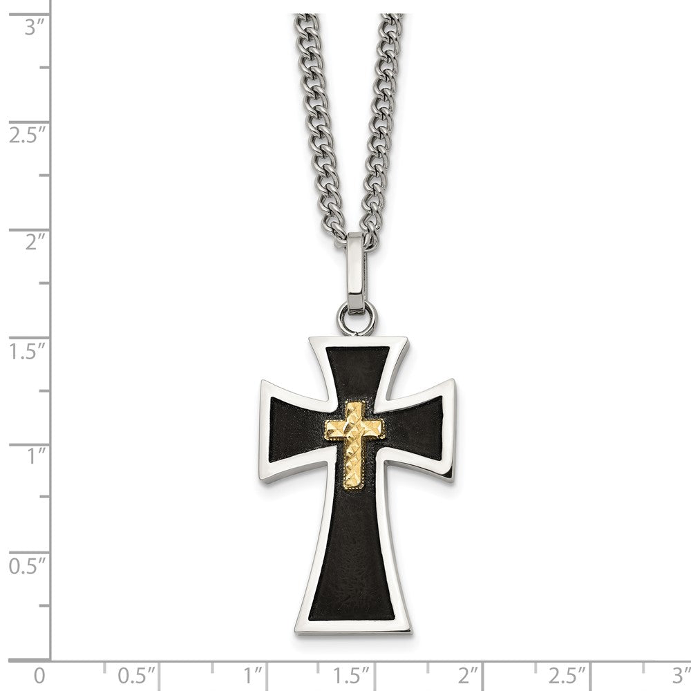 Chisel Stainless Steel Polished with Diamond-cut 14K Gold Accent with Black Enamel Cross Pendant on a 24 inch Curb Chain Necklace