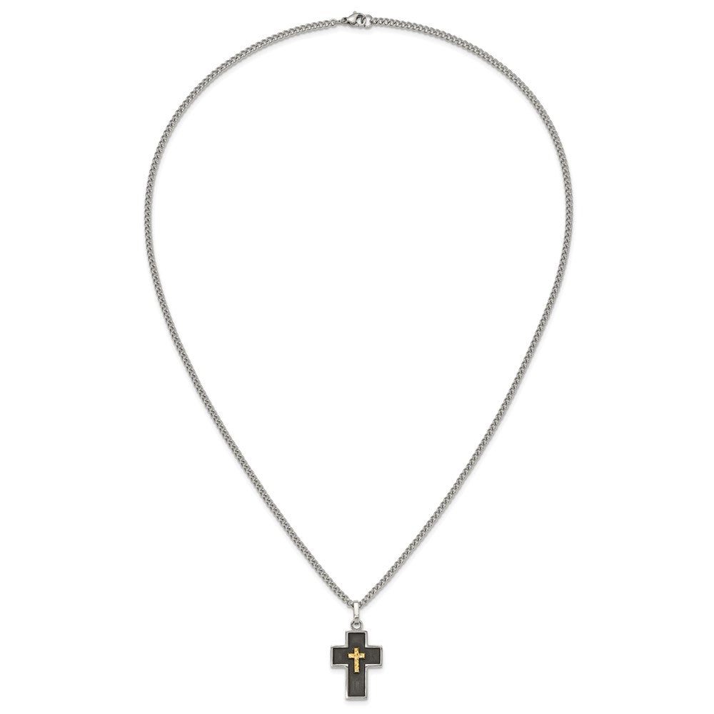 Chisel Stainless Steel Polished with Diamond-cut 14K Gold Accent with Black Enamel Cross Pendant on a 24 inch Curb Chain Necklace