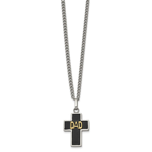Chisel Stainless Steel Polished with 14K Gold Accent DAD with Black Enamel Cross Pendant on a 24 inch Curb Chain Necklace