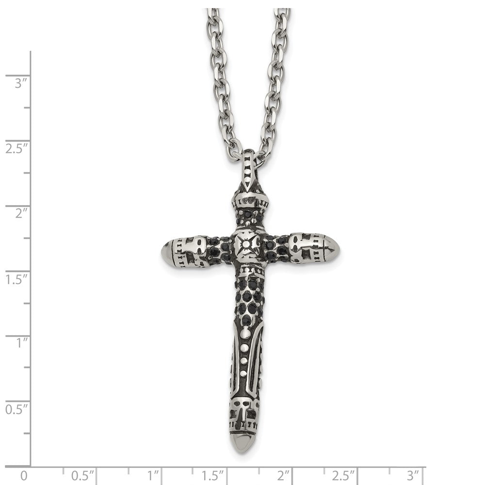 Chisel Stainless Steel Antiqued and Polished with Black Crystal Large Cross Pendant on a 24 inch Cable Chain Necklace