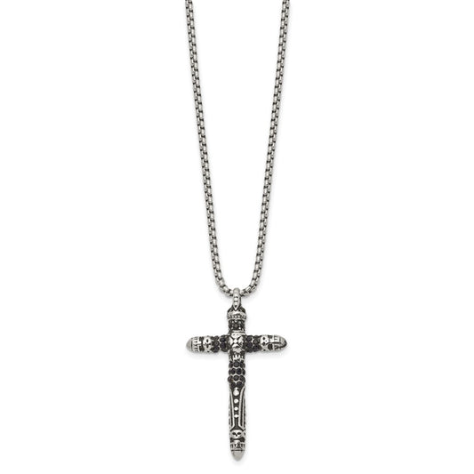 Chisel Stainless Steel Antiqued and Polished with Black Crystal Small Cross Pendant on a 24 inch Box Chain Necklace