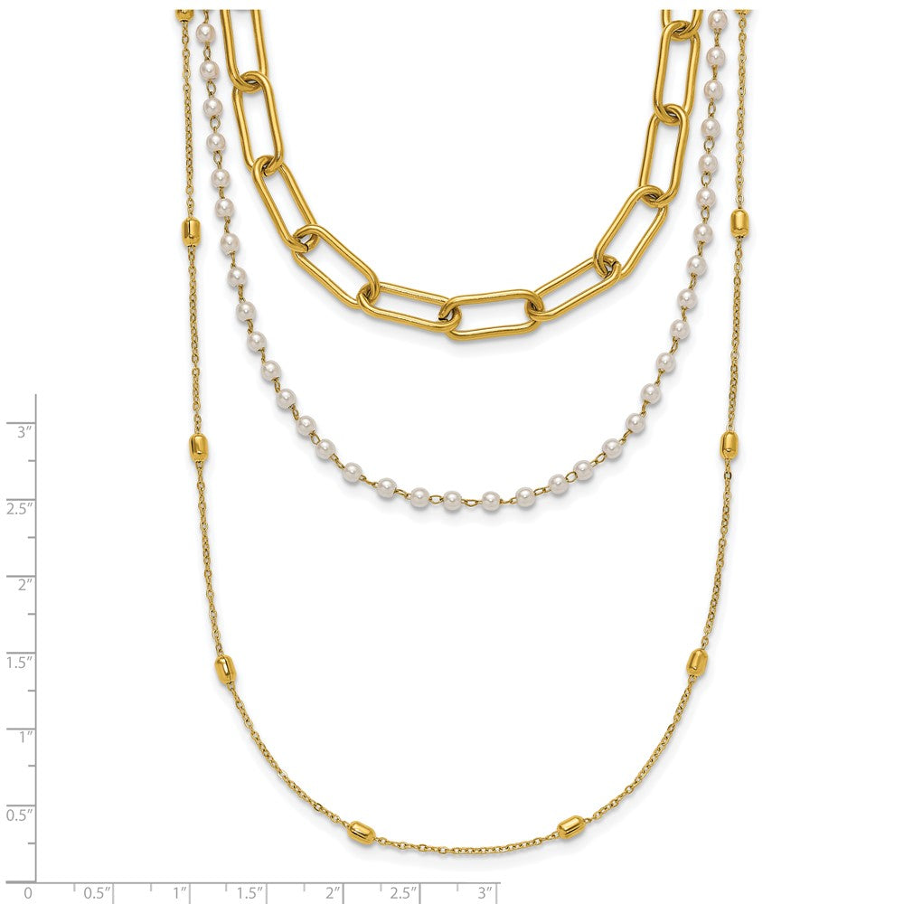 Chisel Stainless Steel Polished Yellow IP-plated Paperclip Link, Beaded Chain and White Freshwater Cultured Pearl Layered 13.5 inch Plus a 2 inch Extension Necklace