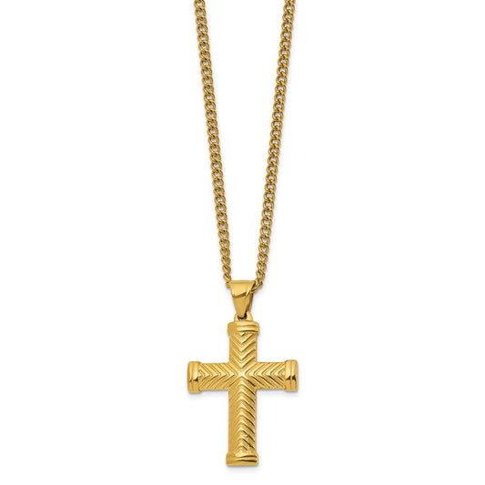 Chisel Stainless Steel Polished Yellow IP-plated Cross Pendant on a 22 inch Plus a 2 inch Curb Chain Necklace