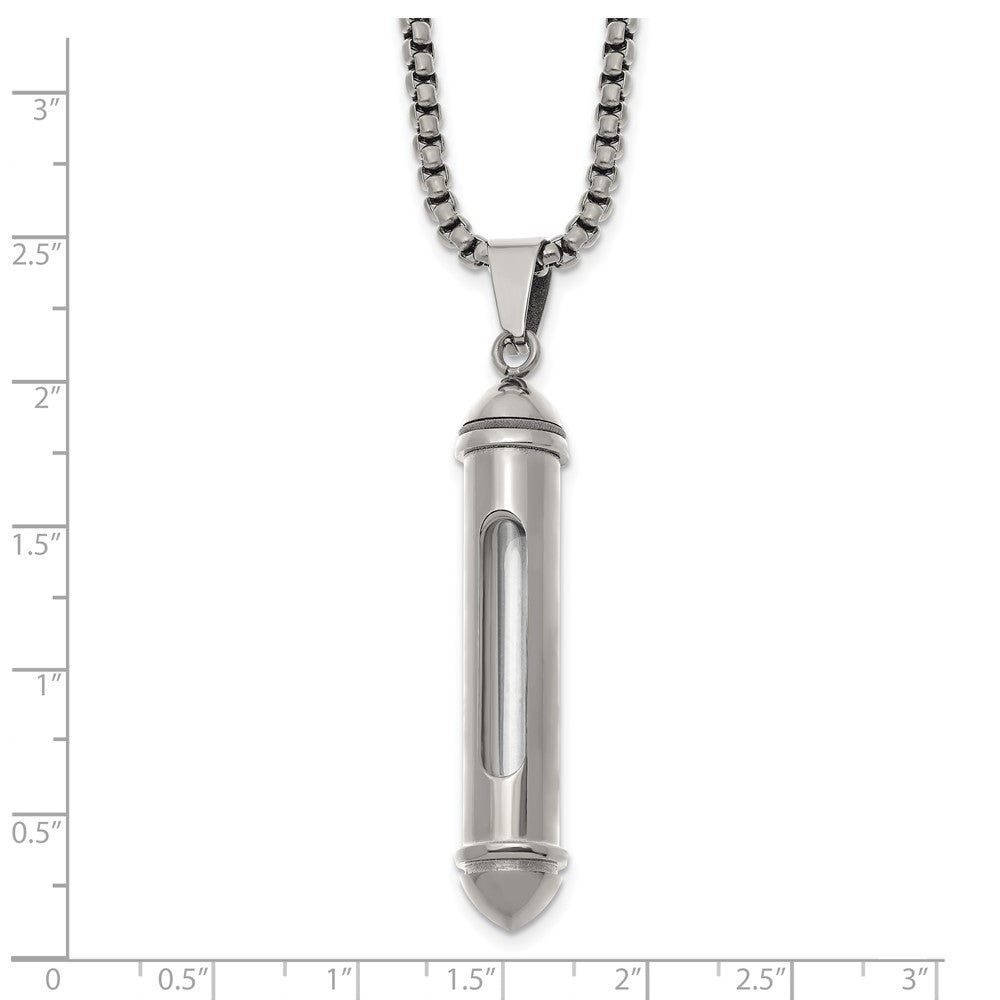 Chisel Stainless Steel Polished Bullet with Clear Vial Pendant on a 22 inch Box Chain Necklace