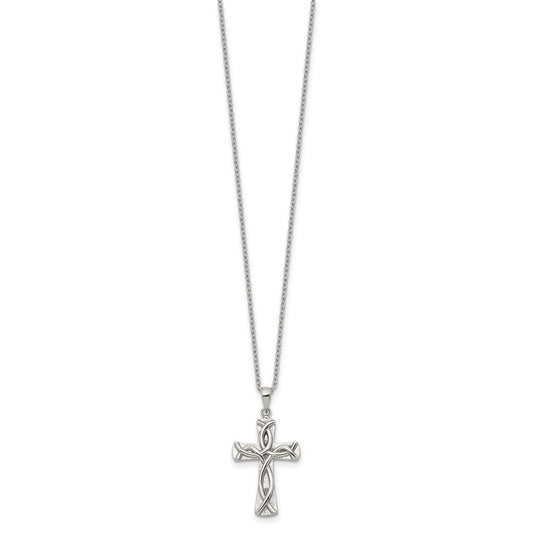 Chisel Stainless Steel Polished Cross with Ichthus Pattern Pendant on an 18 inch Plus a 2 inch Extension Cable Chain Necklace