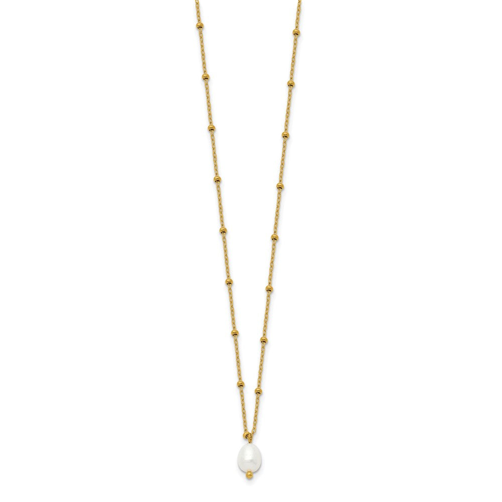 Chisel Stainless Steel Polished Yellow IP-plated Imitation Pearl on a Beaded 16 inch Plus 2 inch Extension Cable Chain Necklace