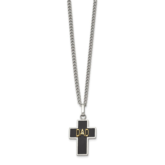 Chisel Stainless Steel Polished with 14K Accent and .01ct Diamond DAD with Black Enamel Cross Pendant on a 24 inch Curb Chain Necklace