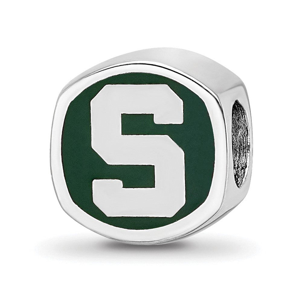 Sterling Silver Rhodium-plated LogoArt Michigan State University Enameled Double Logo Bead