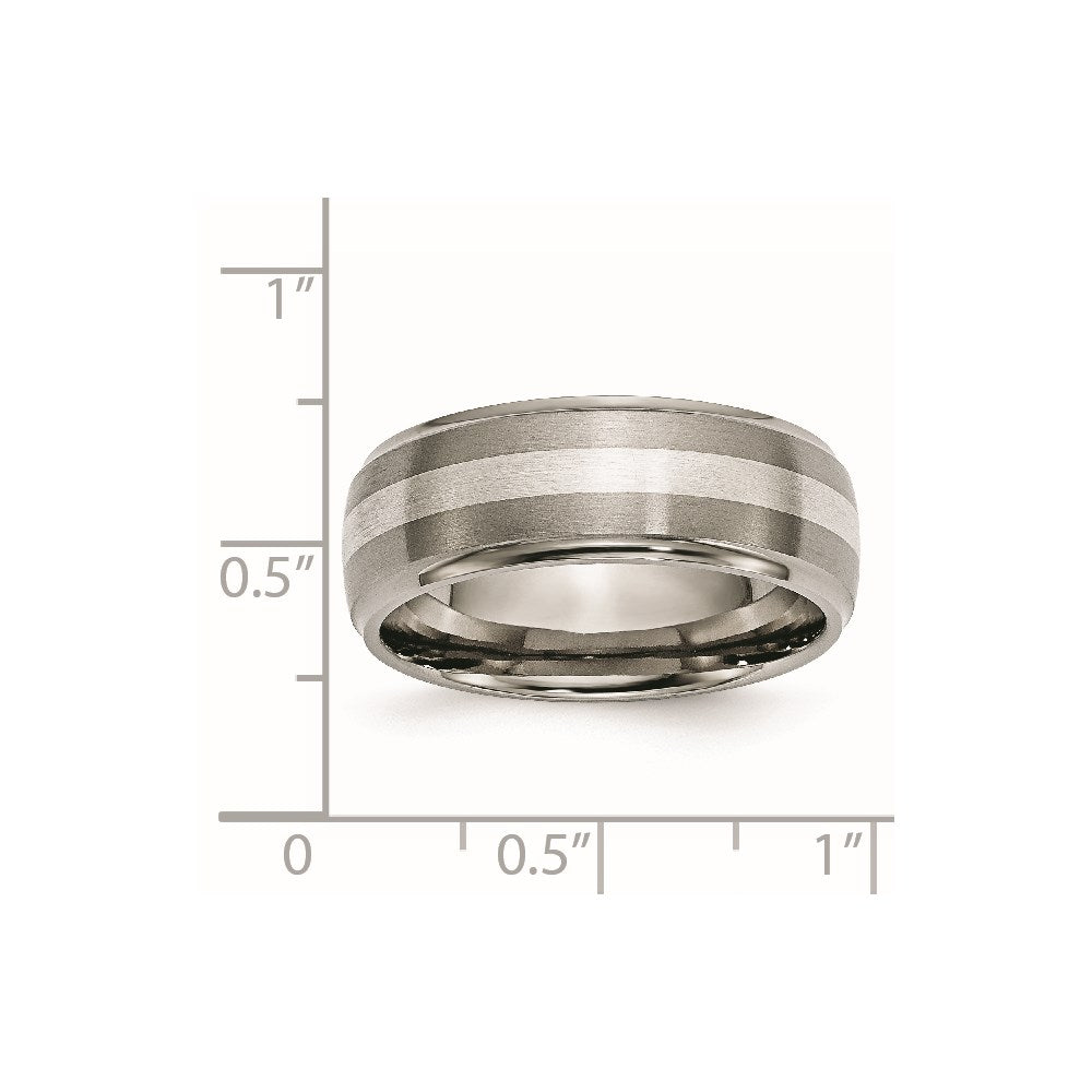 Chisel Titanium Brushed and Polished with Sterling Silver Inlay 8mm Ridged Edge Band