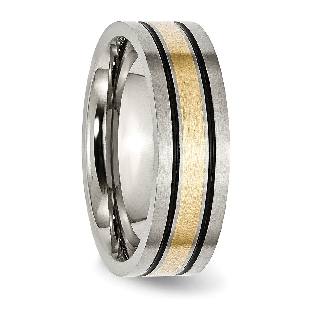 Chisel Titanium Antiqued and Brushed with 14k Gold Inlay 7mm Flat Band