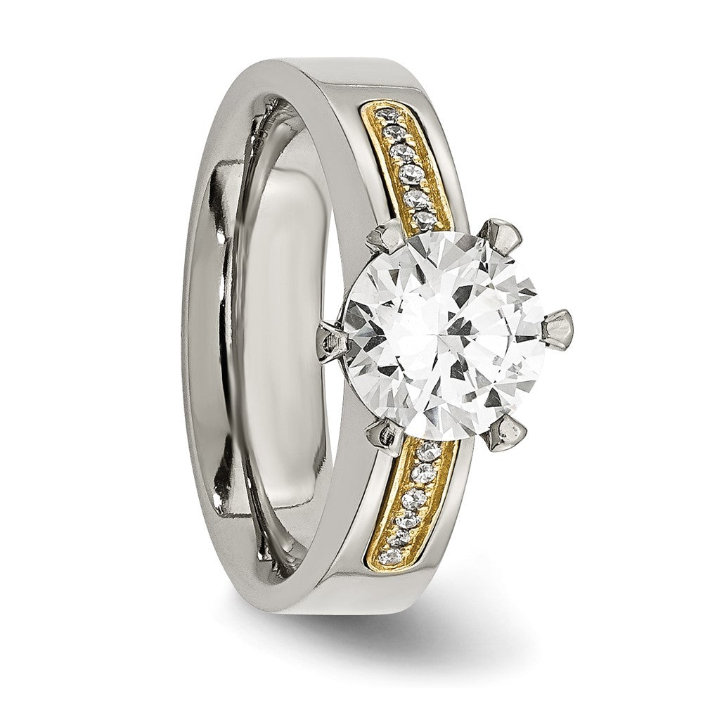 Chisel Titanium Polished with 14k Gold Inlay Accent CZ Ring