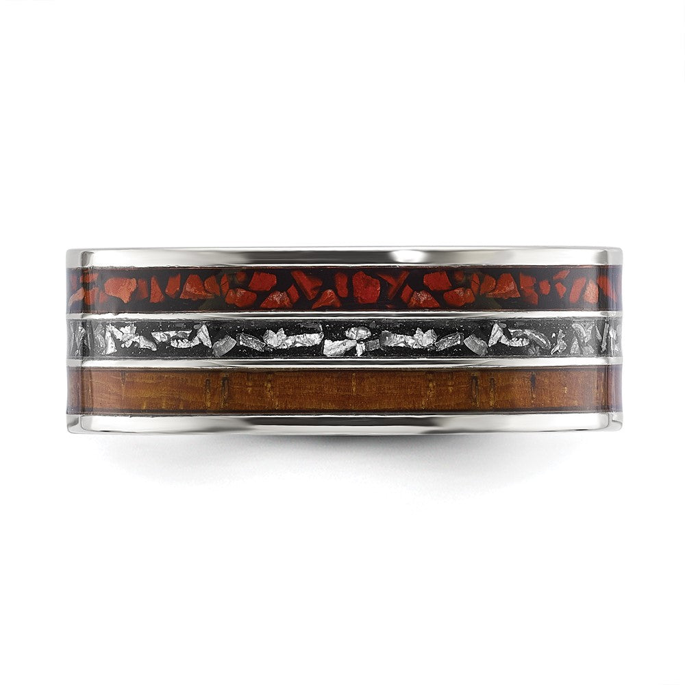 Chisel Titanium Polished with Wood, Imitation Meteorite and Red Stone Inlay 8mm Band