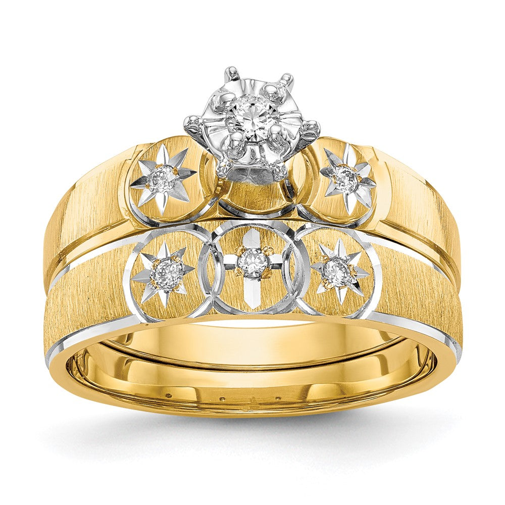 14k and Rhodium AA Quality 1/15 carat Diamond Trio Complete Engagement Ring