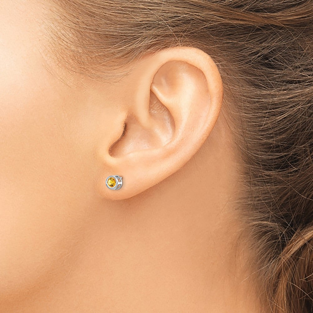 14k White Gold 4mm Round Bezel November/Citrine Post Earrings