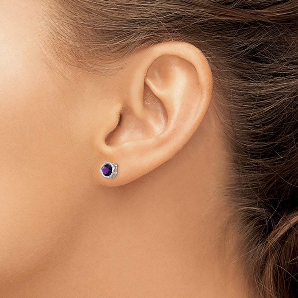 14k White Gold 5mm Round Bezel February/Amethyst Post Earrings
