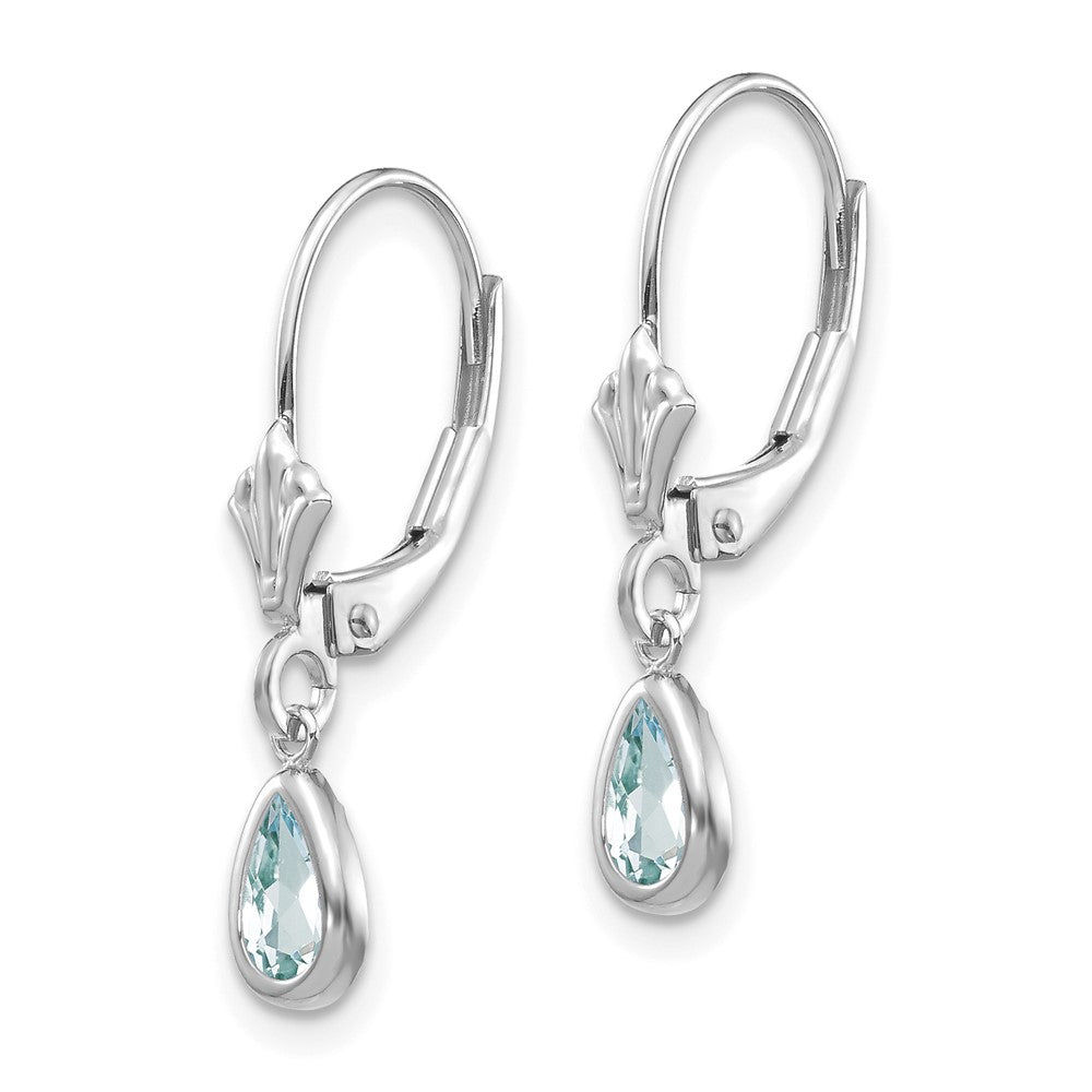 14k White Gold 6x4 Pear Bezel March/Aquamarine Leverback Earrings
