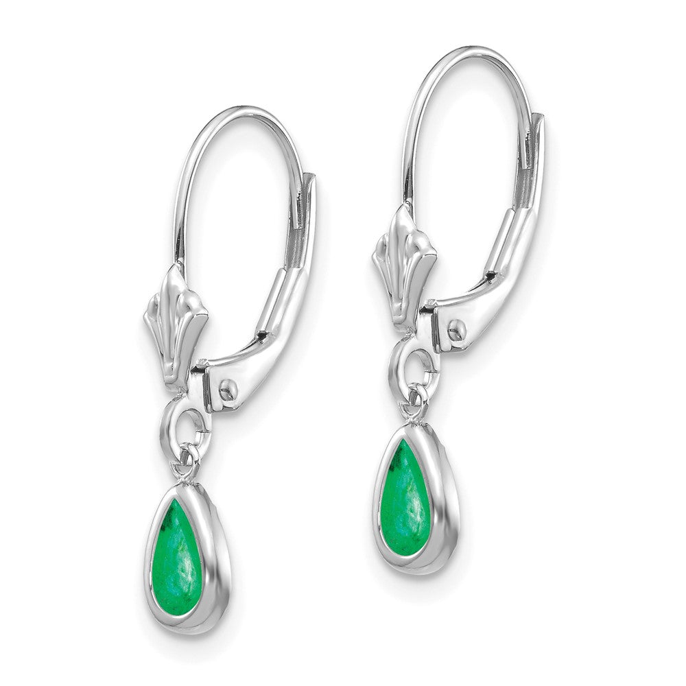 14k White Gold 6x4 Pear Bezel May/Emerald Leverback Earrings