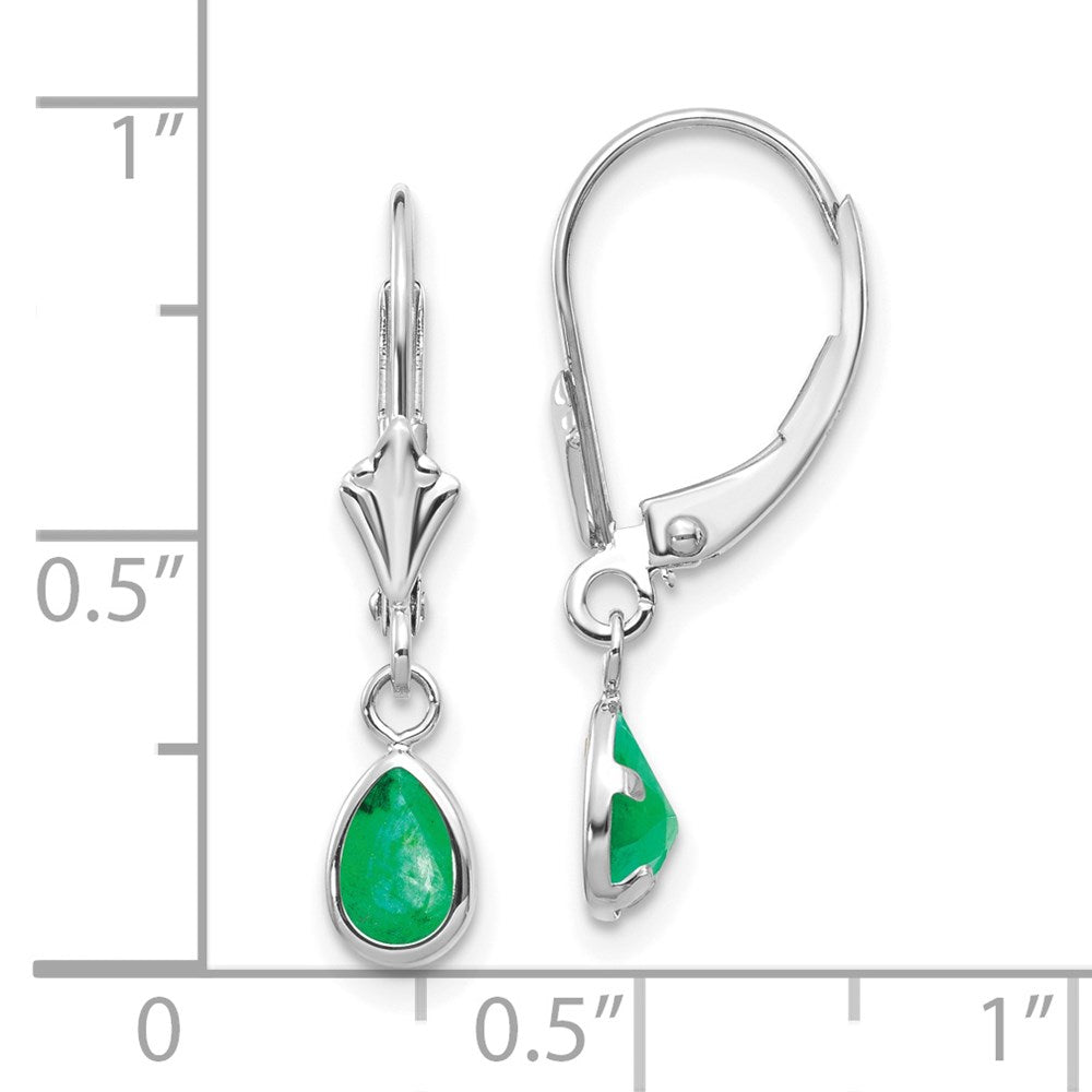 14k White Gold 6x4 Pear Bezel May/Emerald Leverback Earrings