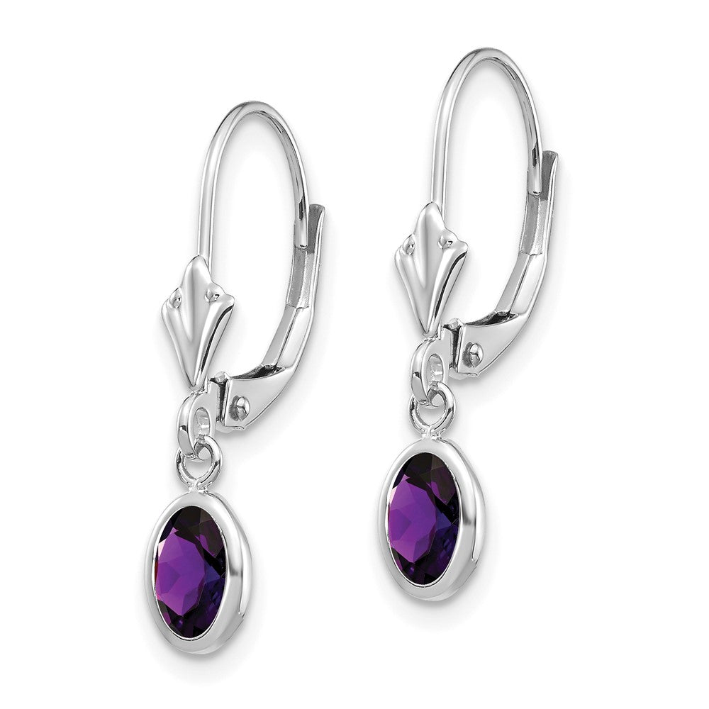 14k White Gold 6x4 Oval Bezel February/Amethyst Leverback Earrings