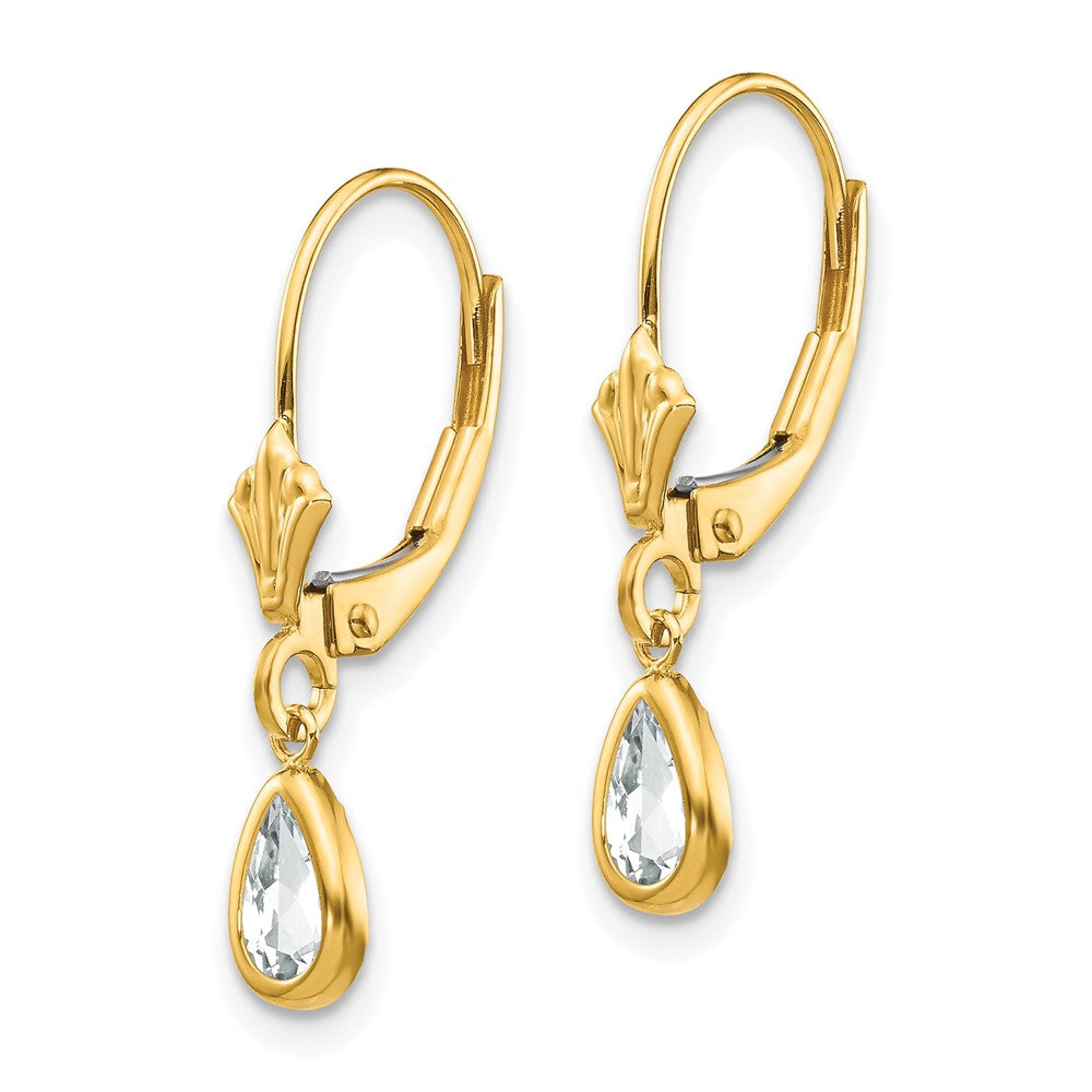 14k 6x4mm Pear Bezel April/White Topaz Leverback Earrings
