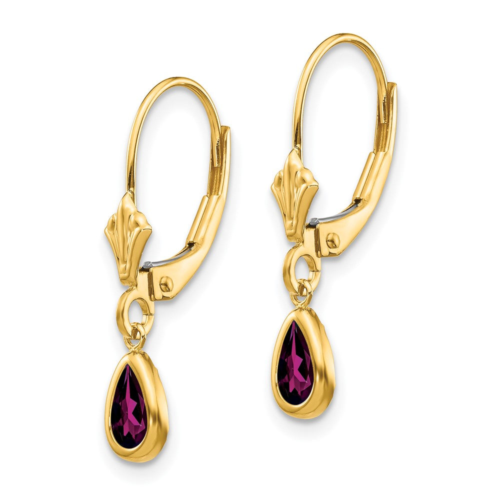 14k 6x4mm Pear Bezel June/Rhodolite Garnet Leverback Earrings