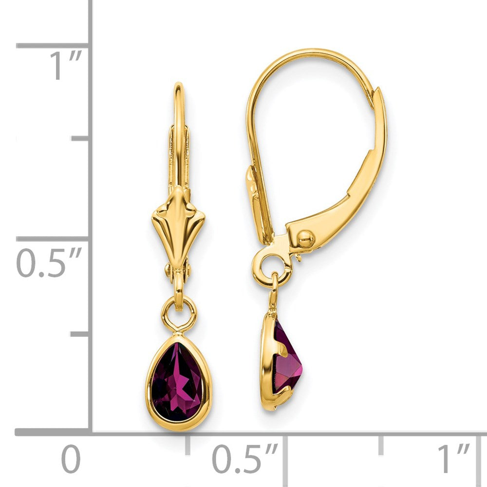 14k 6x4mm Pear Bezel June/Rhodolite Garnet Leverback Earrings
