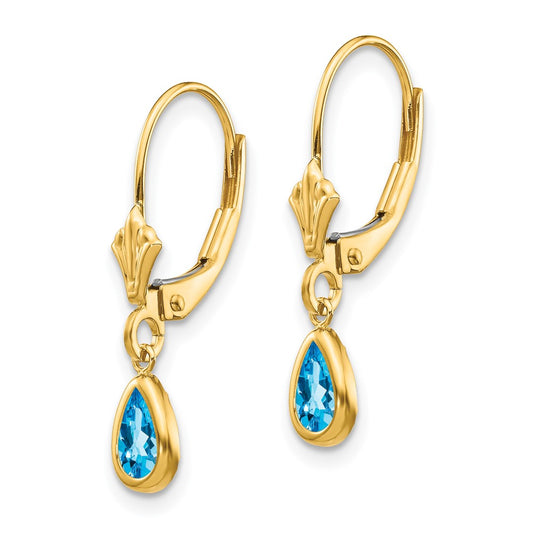 14k 6x4mm Pear Bezel December/Blue Topaz Leverback Earrings